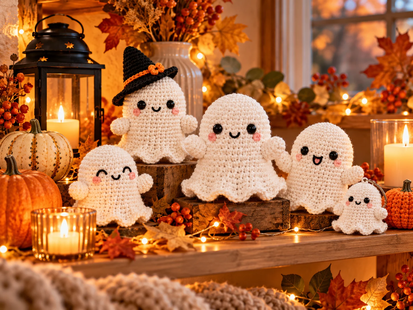 Gehäkelte Geister als warme Herbst und Halloween Deko