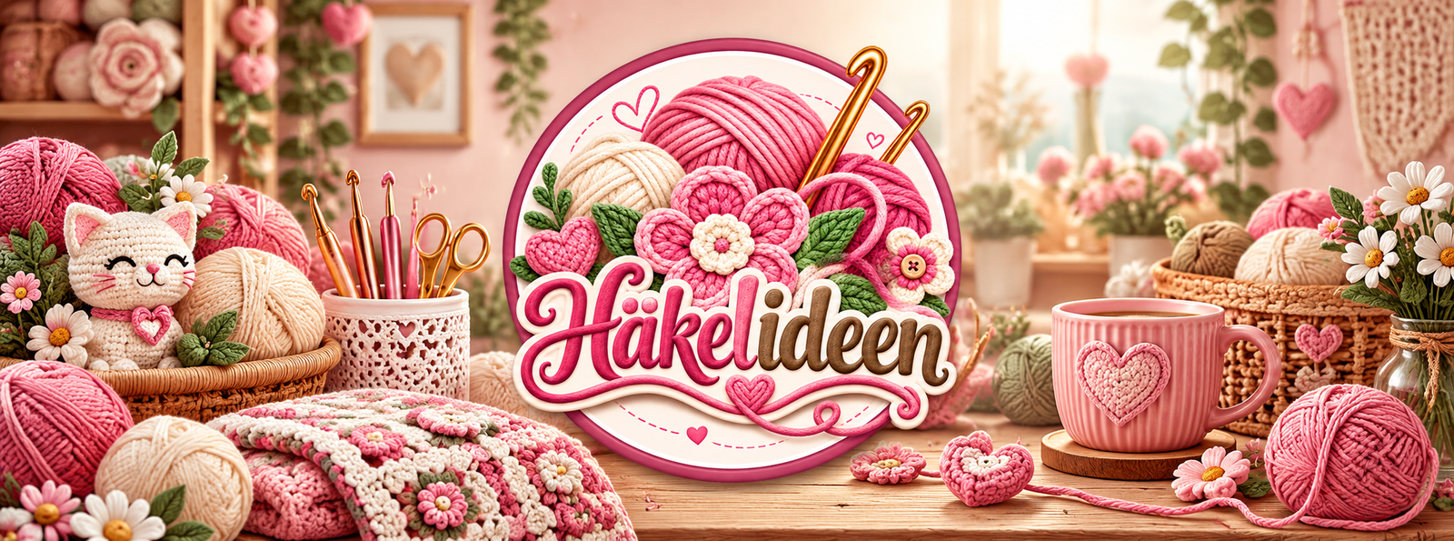 Gemütliches Häkelstudio mit Garn, Häkelnadeln und Amigurumi