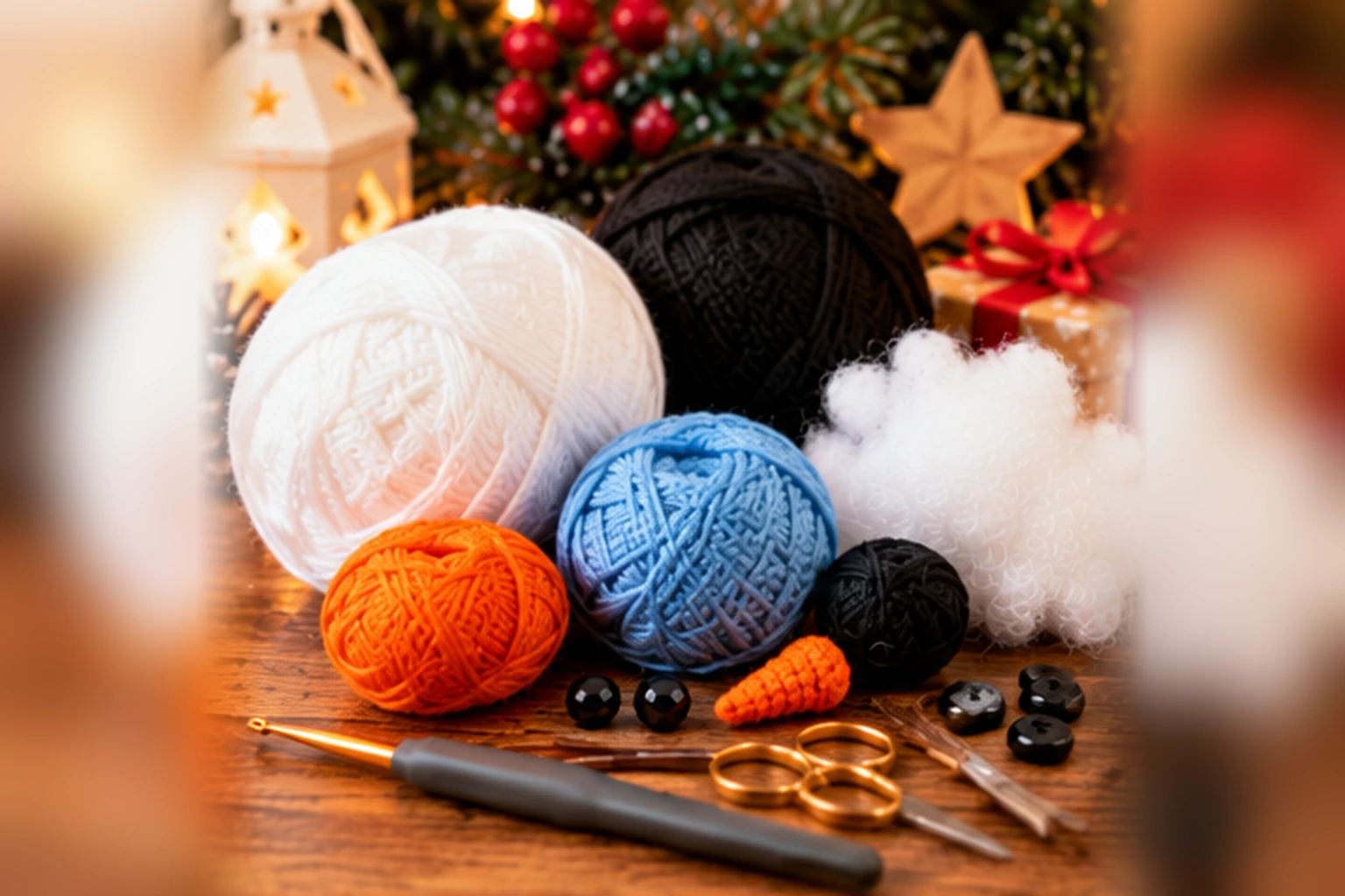01 schneemann materialien 1536x1024 1 Schneemann häkeln: Materialien aus weißer, blauer, orangener und schwarzer Wolle mit Häkelnadel, Schere und Füllwatte