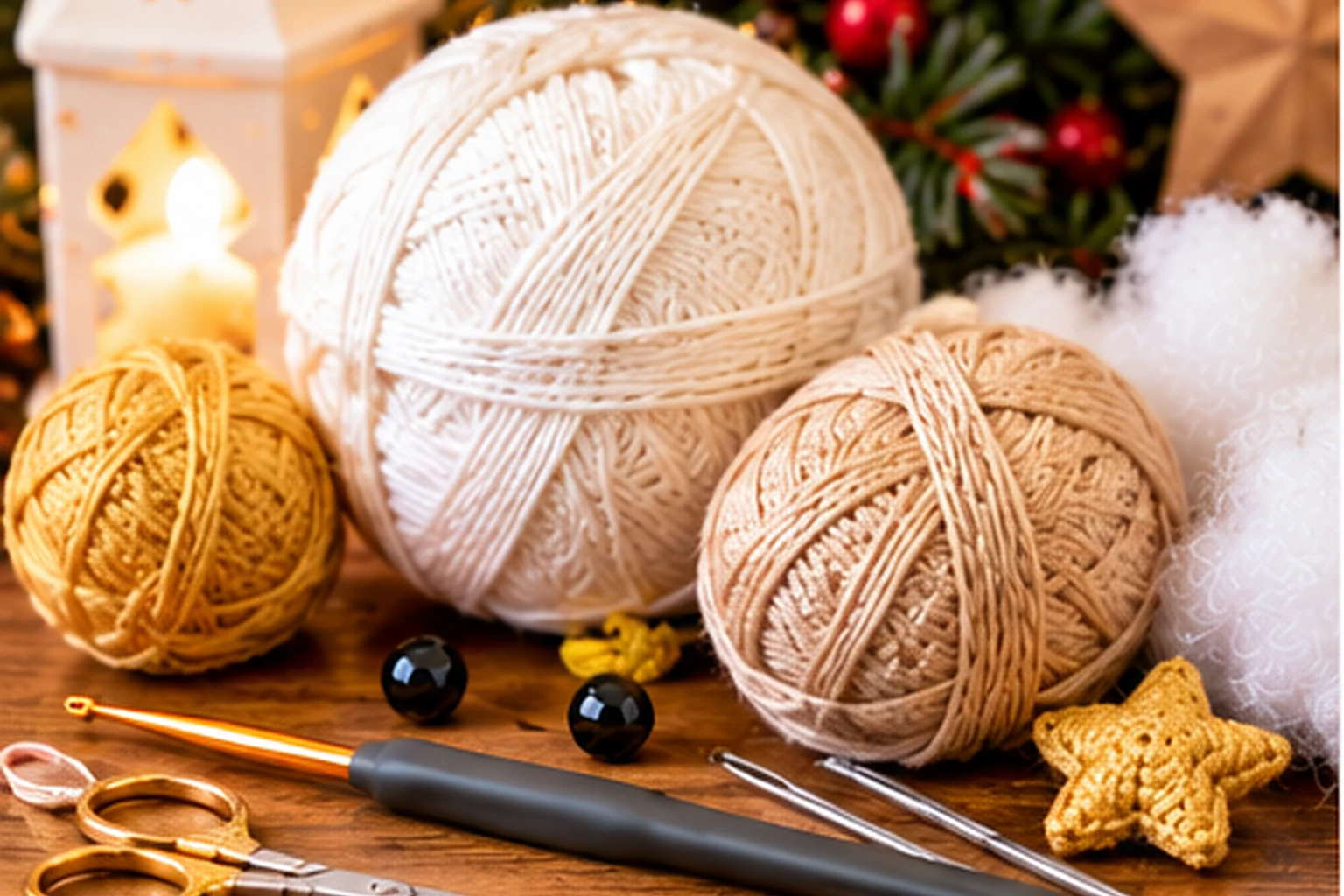 01 weihnachtsengel materialien 1536x1024 1 Weihnachtsengel häkeln: weißes, beigefarbenes und goldenes Garn mit Häkelnadel, Füllwatte und Schere