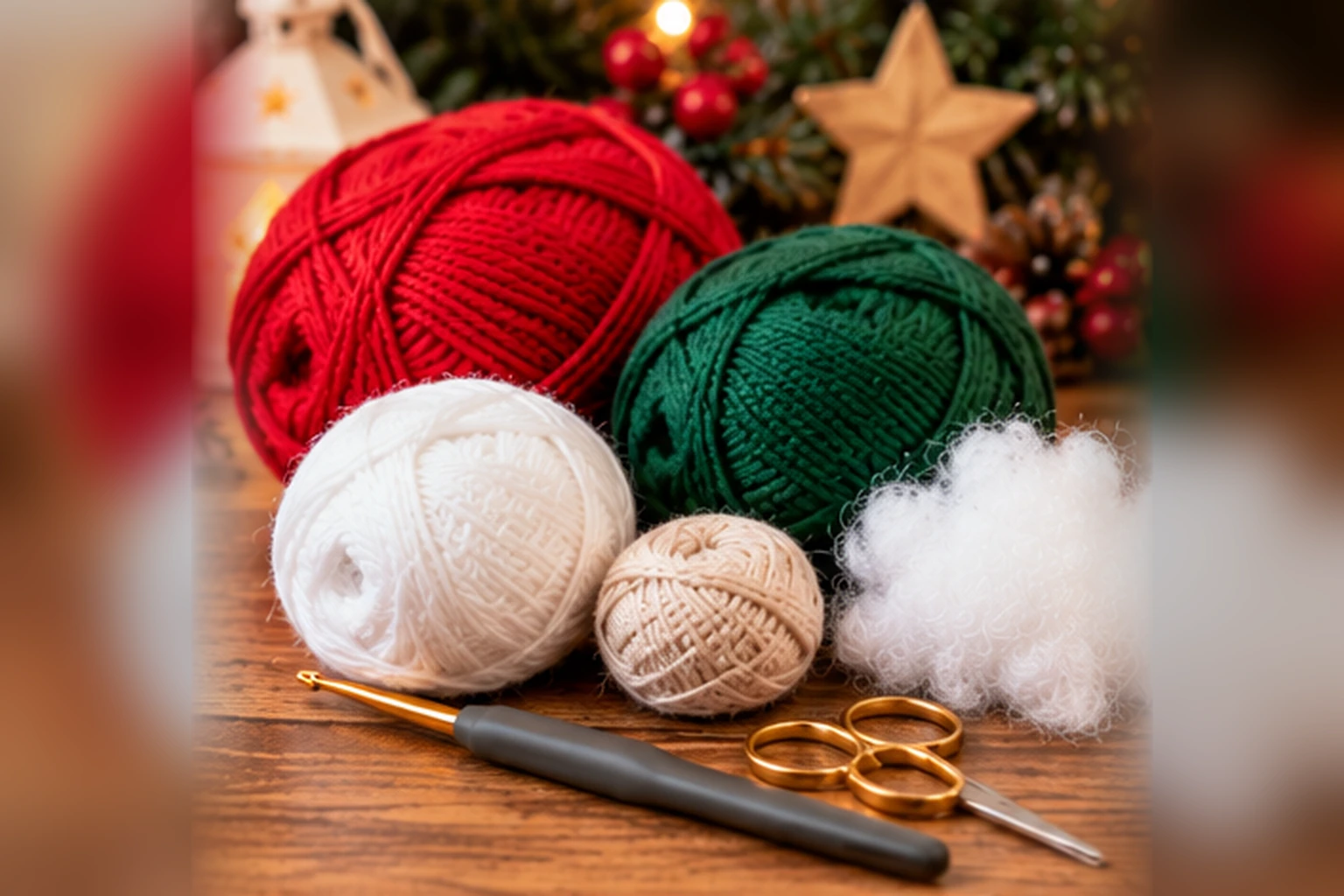 Weihnachtswichtel häkeln: Materialien mit rotem, dunkelgrünem, weißem und beigem Garn, Häkelnadel und Füllwatte