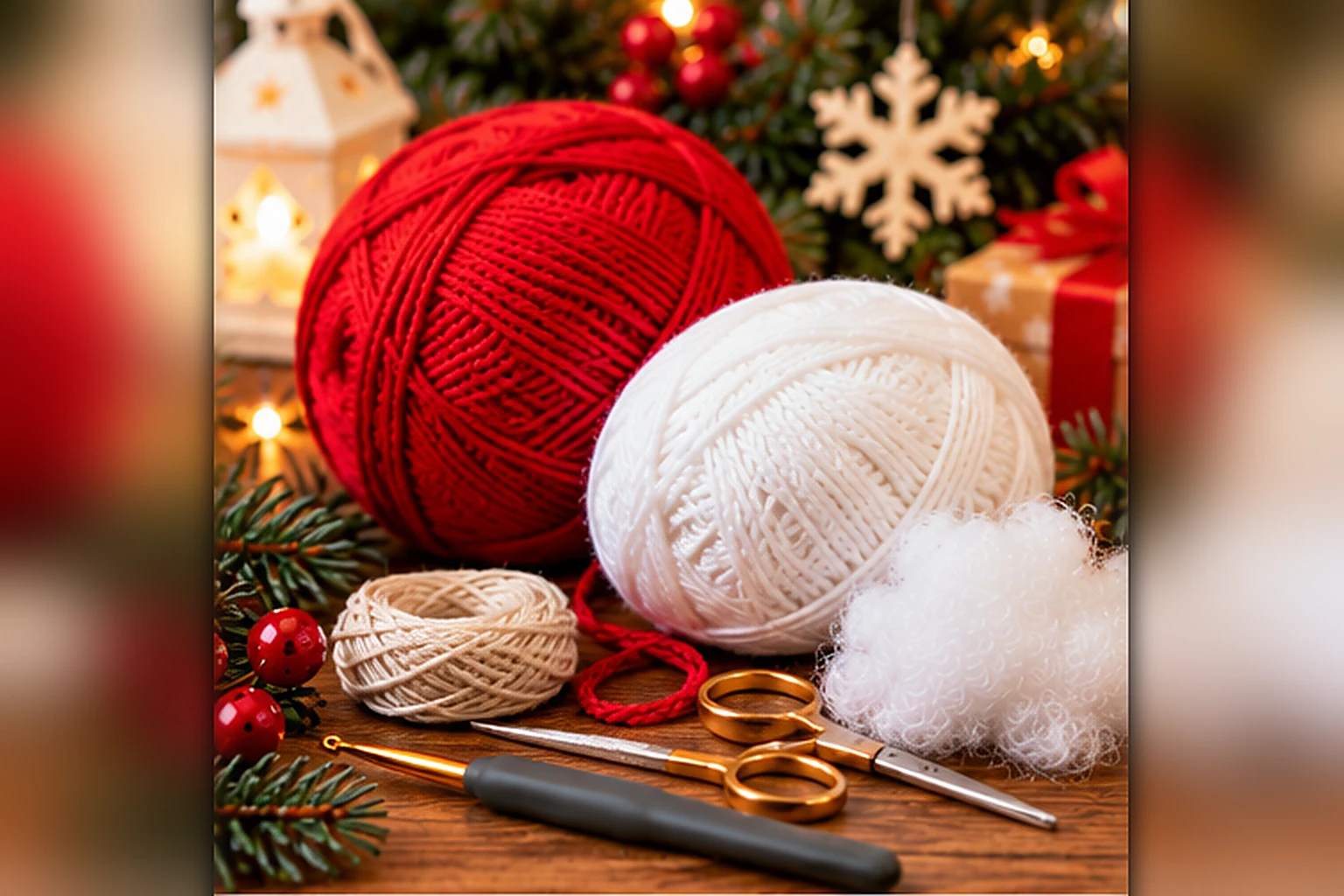 01 zuckerstange materialien 1536x1024 1 Rotes und weißes Garn mit Häkelnadel, Schere und Füllwatte für die gehäkelte Zuckerstange
