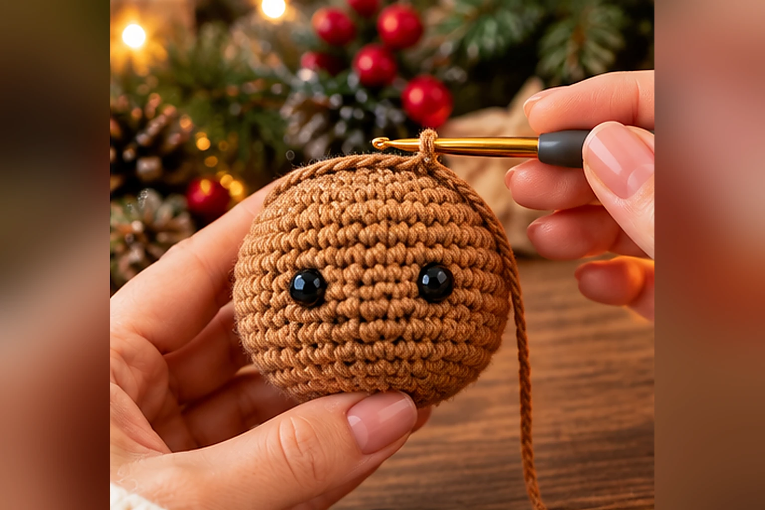 Lebkuchenmann Kopf häkeln: runder brauner Amigurumi-Kopf mit Häkelnadel in Arbeit