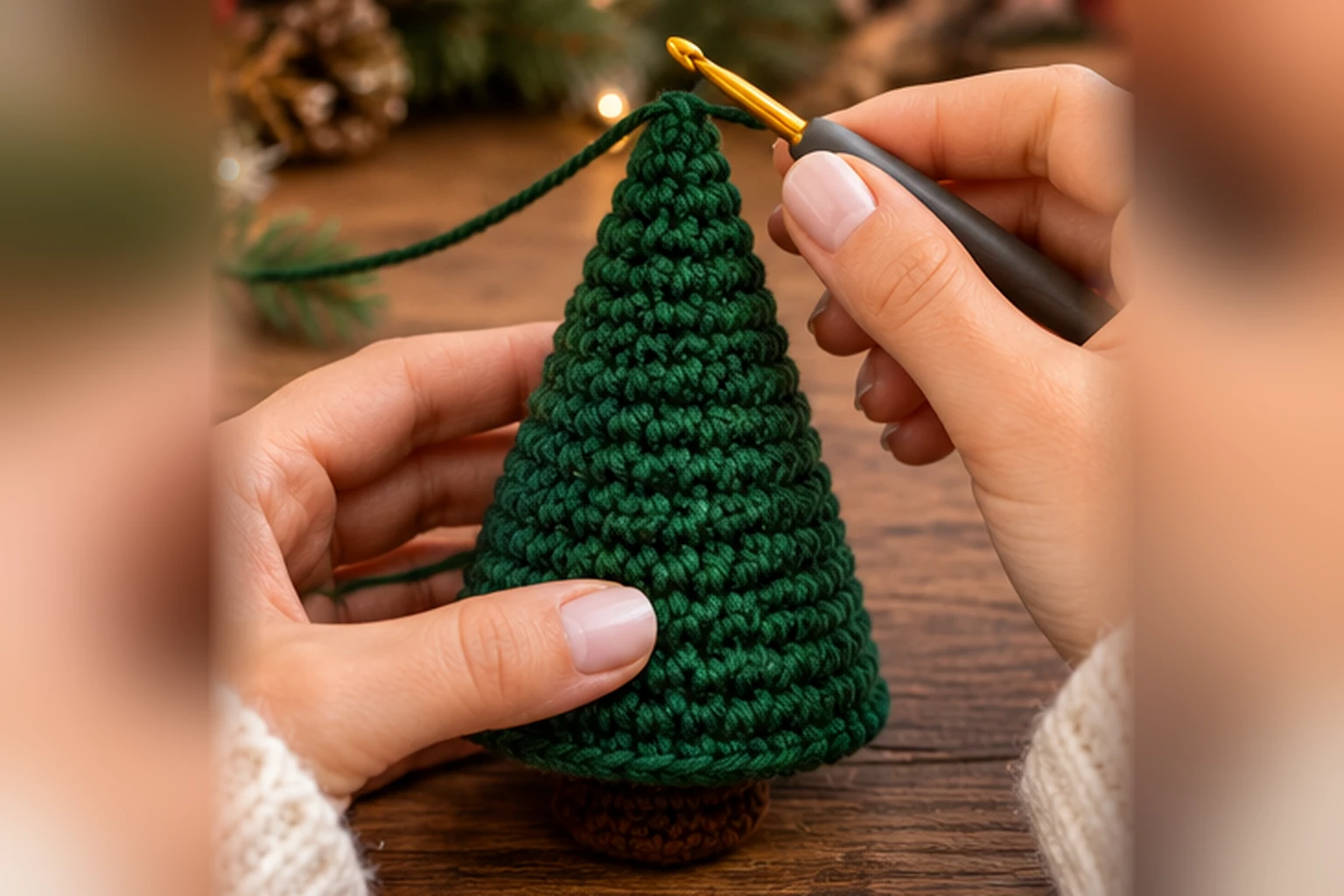 Dunkelgrünen Baumkegel für einen Mini Weihnachtsbaum in Spiralrunden häkeln