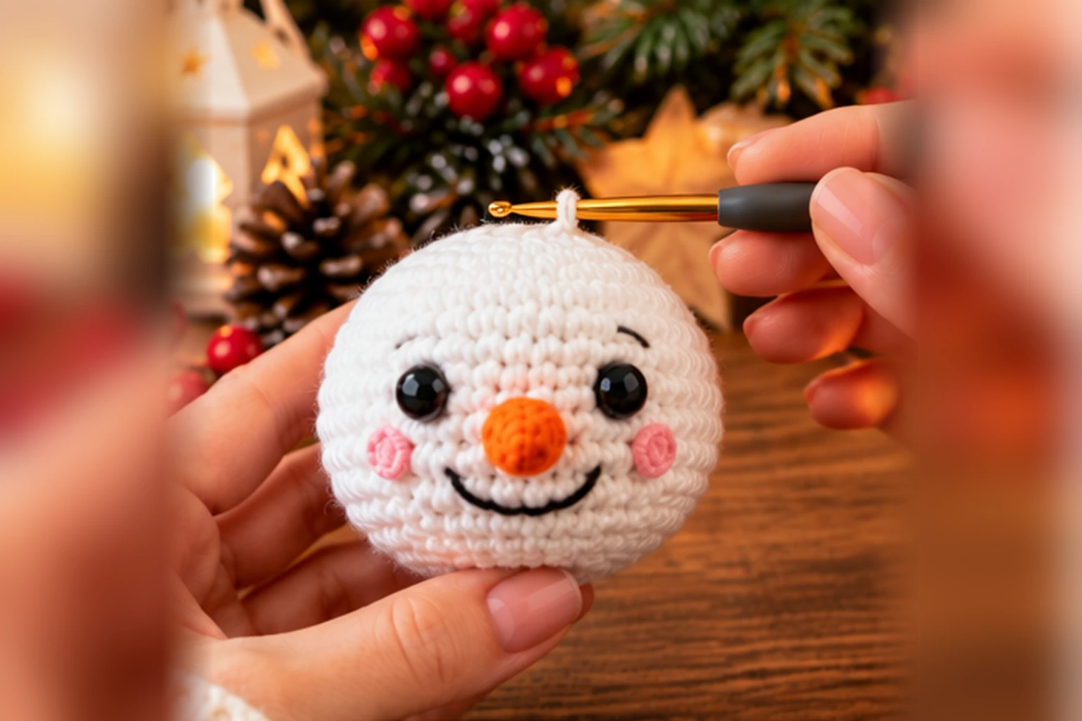02 schneemann kopf karottennase 1536x1024 1 Schneemann Kopf häkeln: weißer Amigurumi Kopf mit schwarzen Augen und gehäkelter orangefarbener Karottennase
