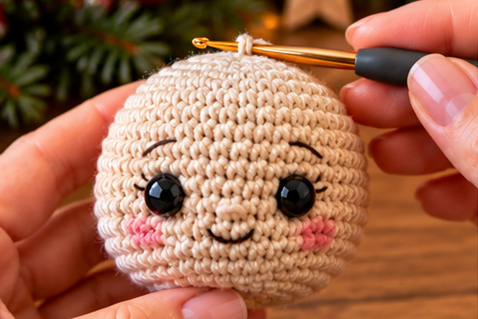 02 weihnachtsengel kopf 1536x1024 1 Weihnachtsengel häkeln Schritt 1: beigefarbenen Engelskopf mit Augen und Haaren häkeln