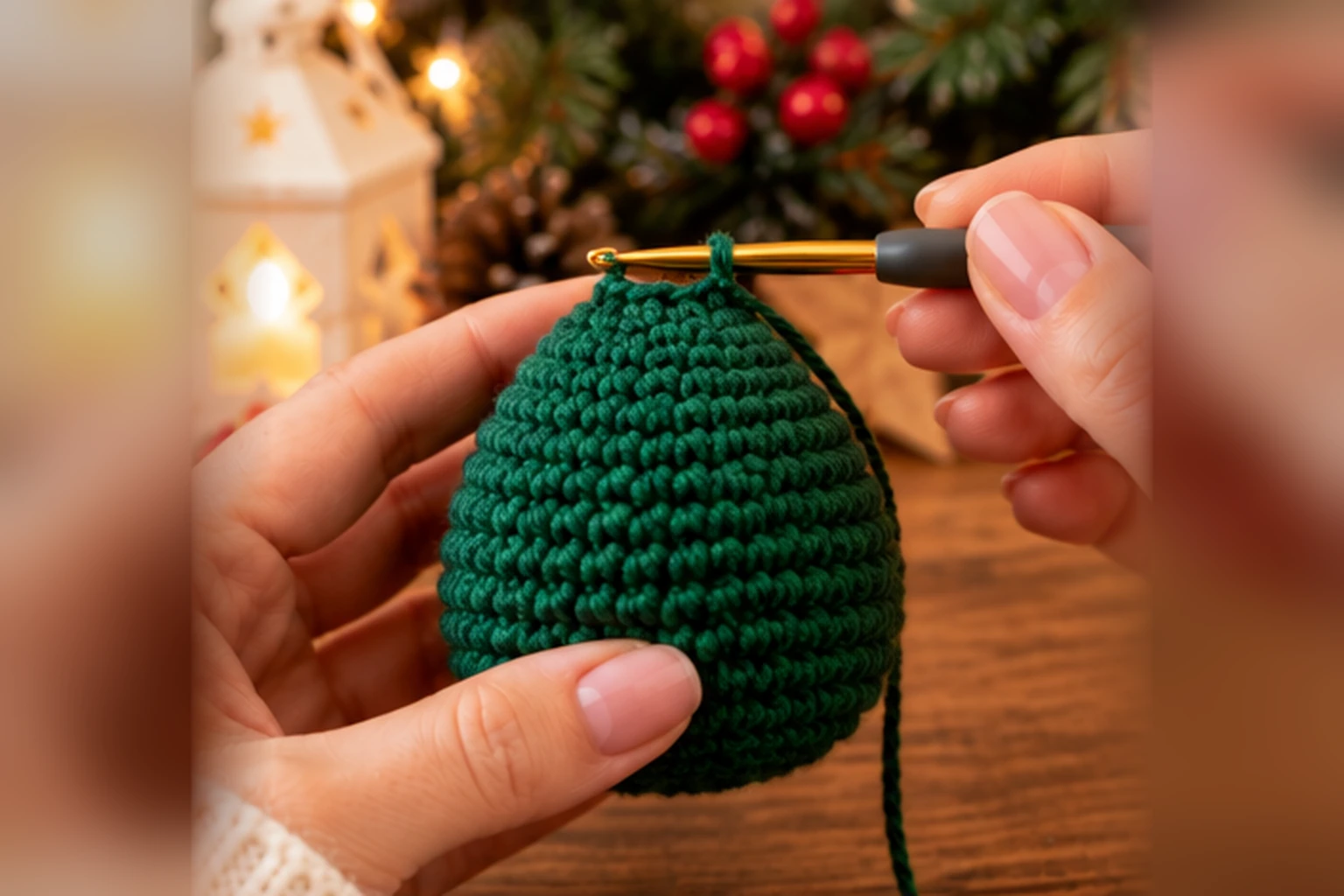 Weihnachtswichtel häkeln: Dunkelgrünen Wichtelkörper aus festen Maschen Schritt für Schritt anfertigen