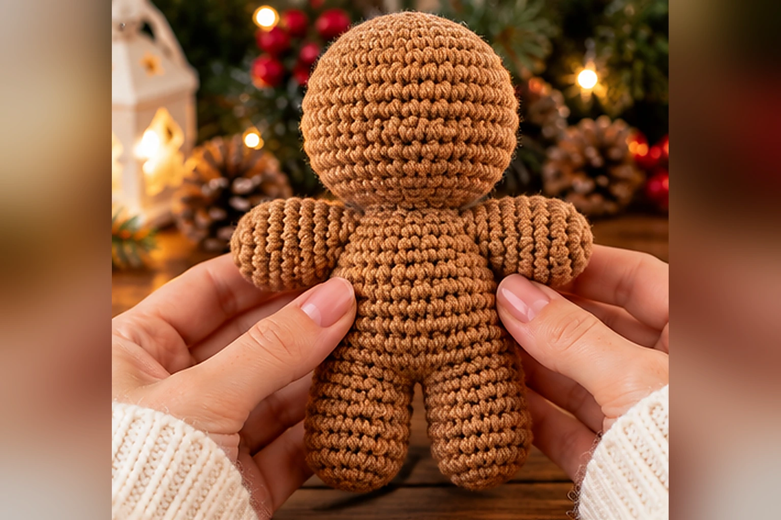 Lebkuchenmann Amigurumi häkeln: brauner Körper mit zwei Armen und Beinen ohne Dekoration