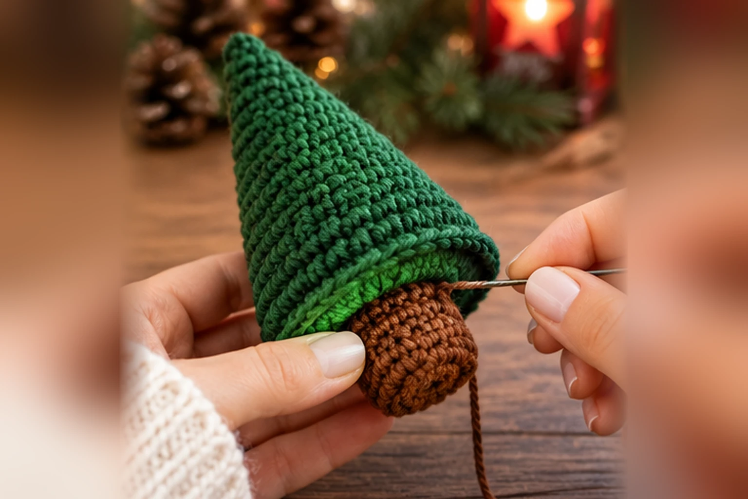 Mini Weihnachtsbaum häkeln: Braunen Stamm am dunkelgrünen Tannenbaum befestigen