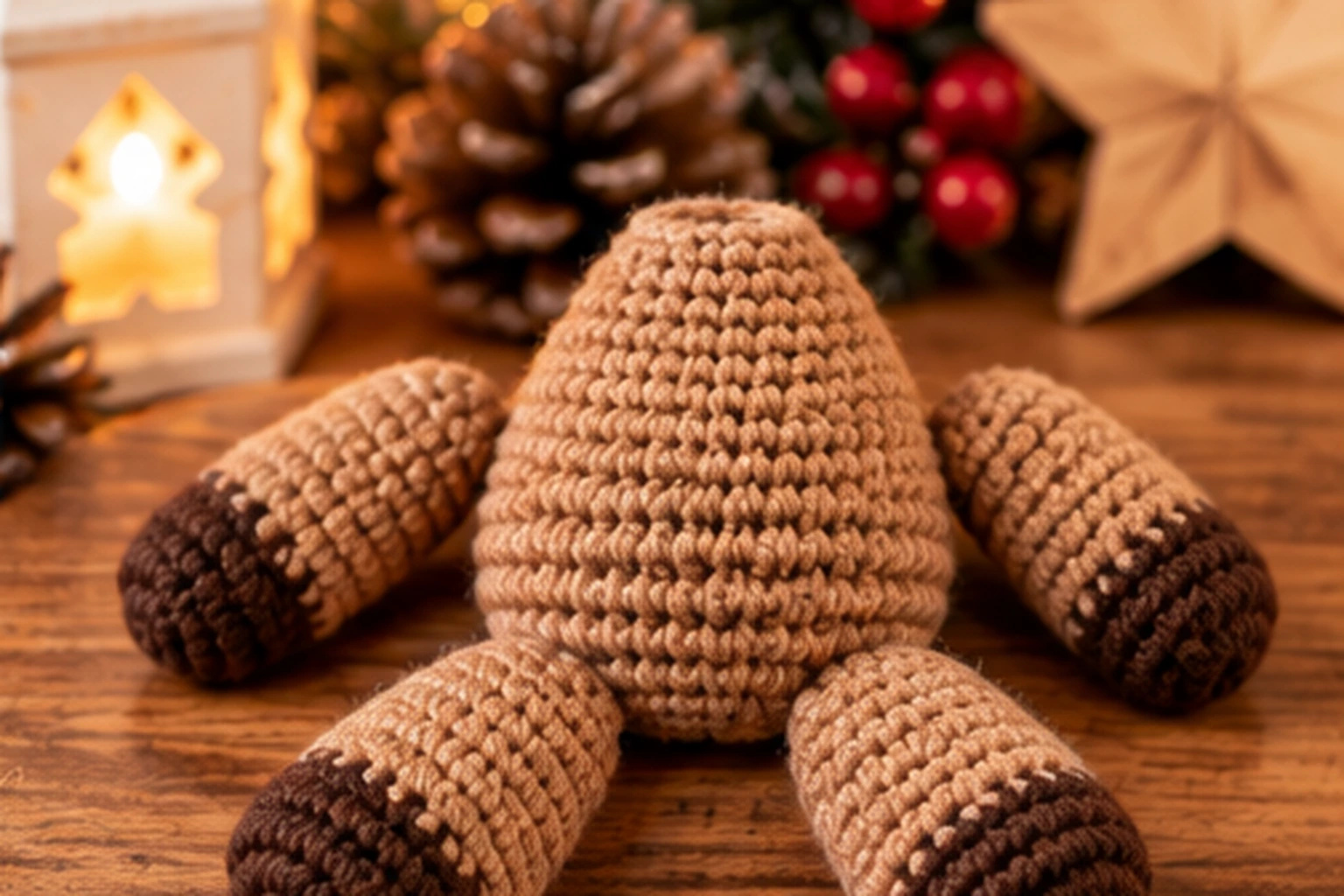 Rentier Amigurumi Körper Arme und Beine aus hellbraunem Garn mit dunkelbraunen Hufen