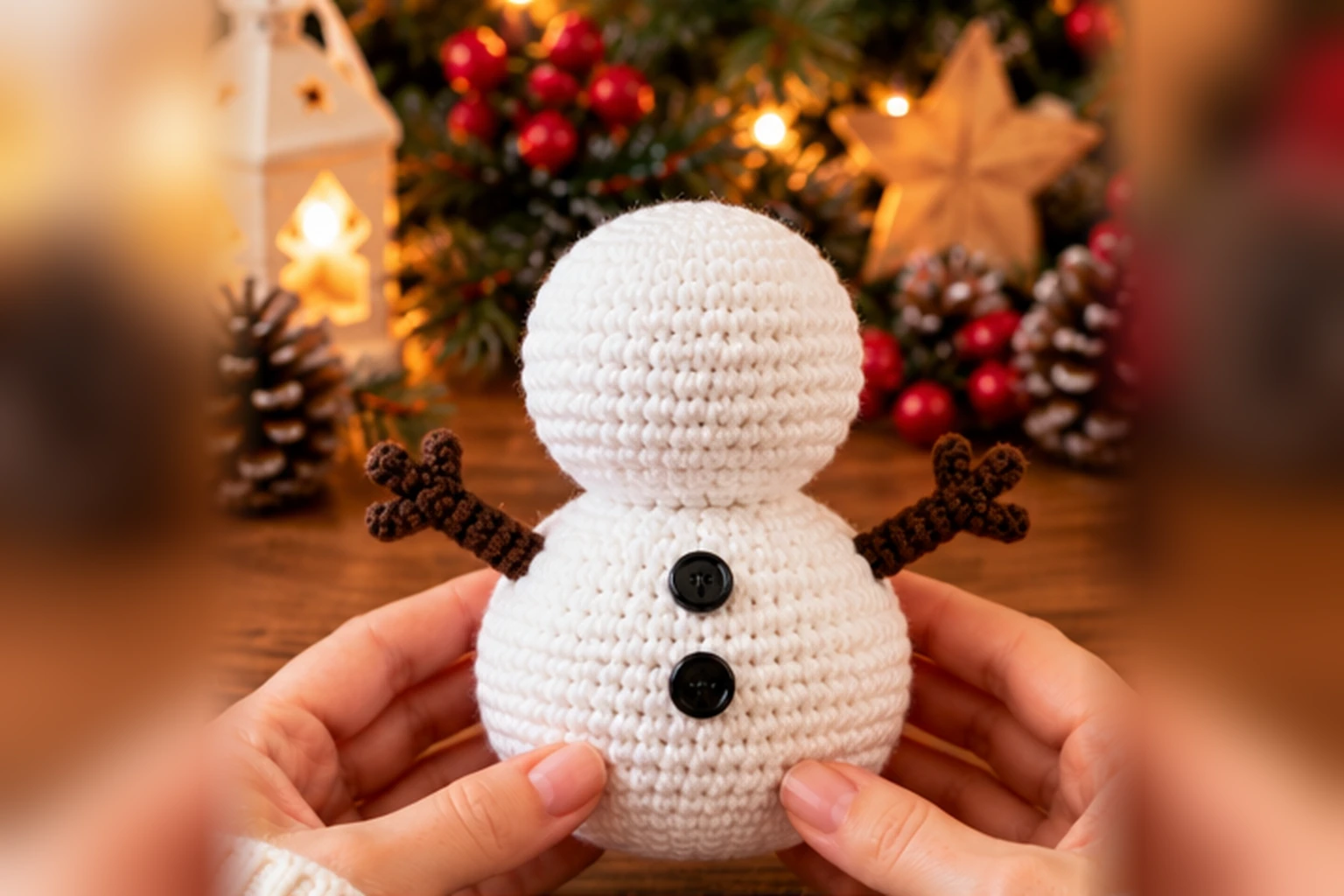 03 schneemann koerper arme knoepfe 1536x1024 1 Schneemann Körper häkeln: weißer Amigurumi Körper mit Armen und schwarzen Knöpfen vor dem Anbringen der Accessoires
