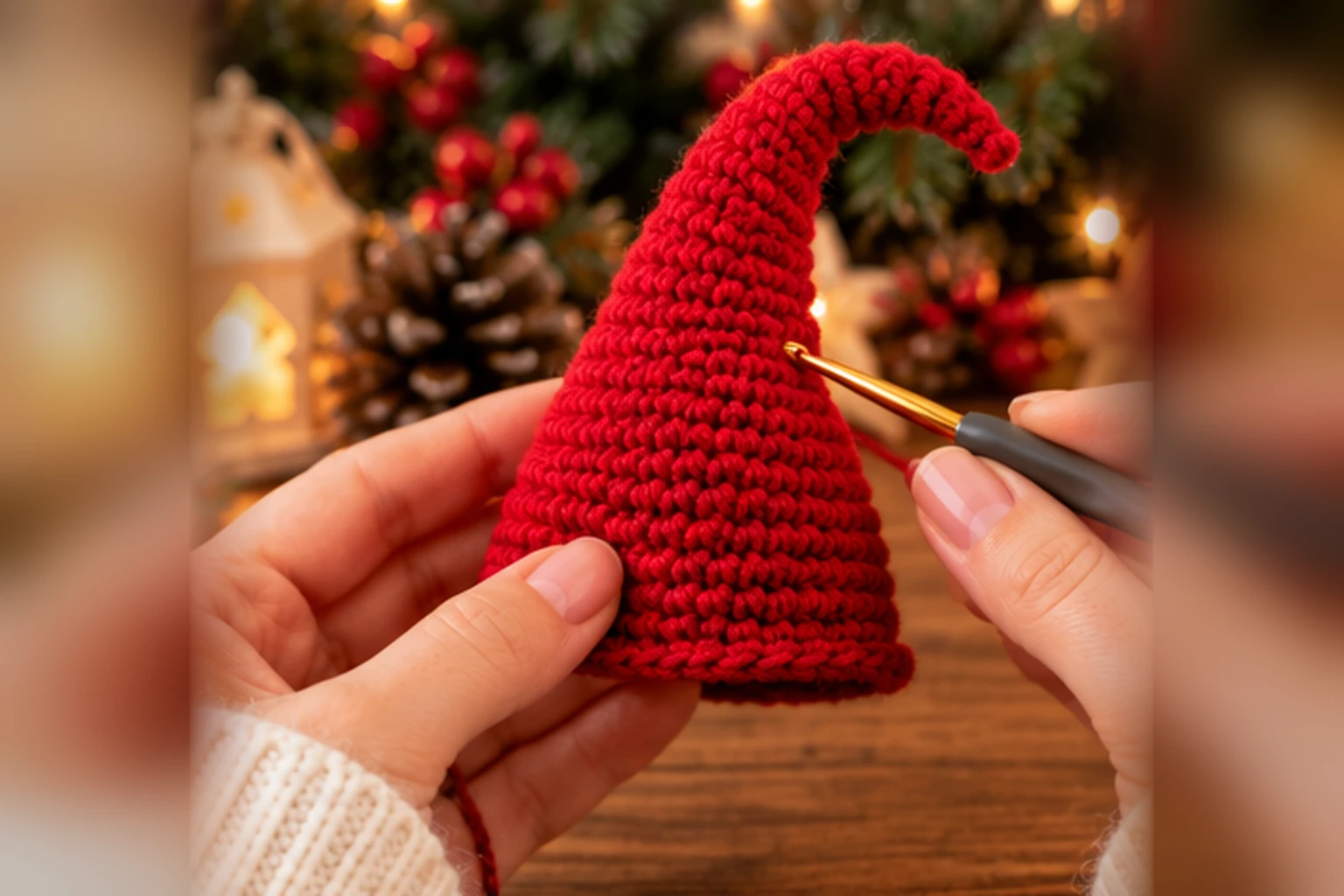 Rote Zipfelmütze für einen Weihnachtswichtel häkeln mit langer gebogener Spitze