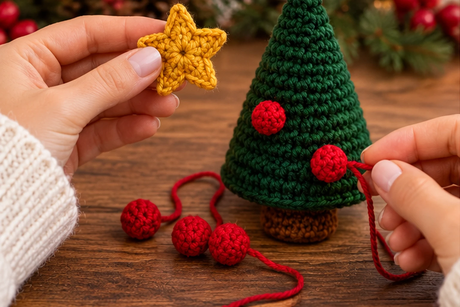 Mini Weihnachtsbaum dekorieren: goldgelben Stern und drei rote Häkelkugeln befestigen