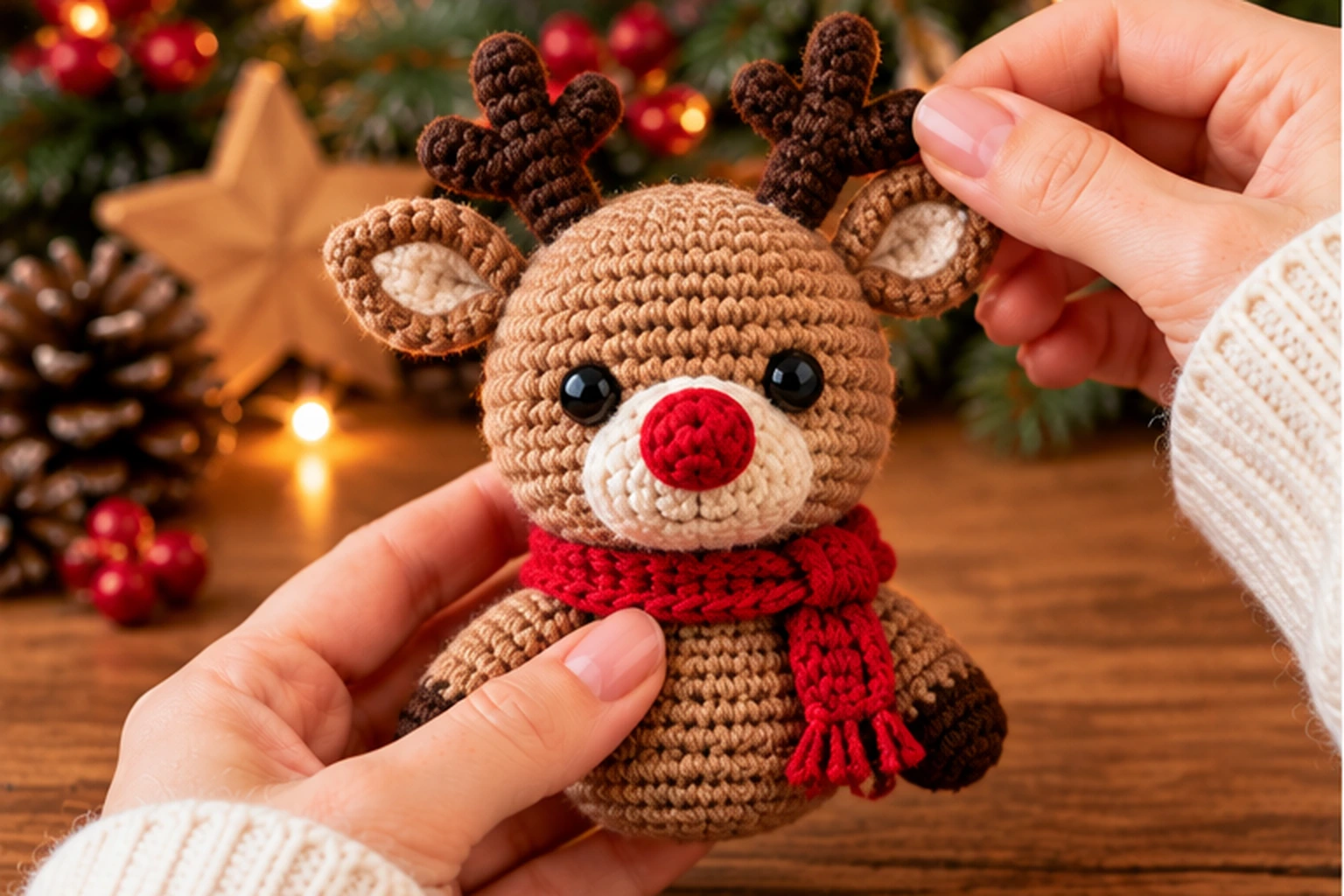 Rudolf Rentier häkeln dunkles Geweih Ohren und roten Weihnachtsschal befestigen
