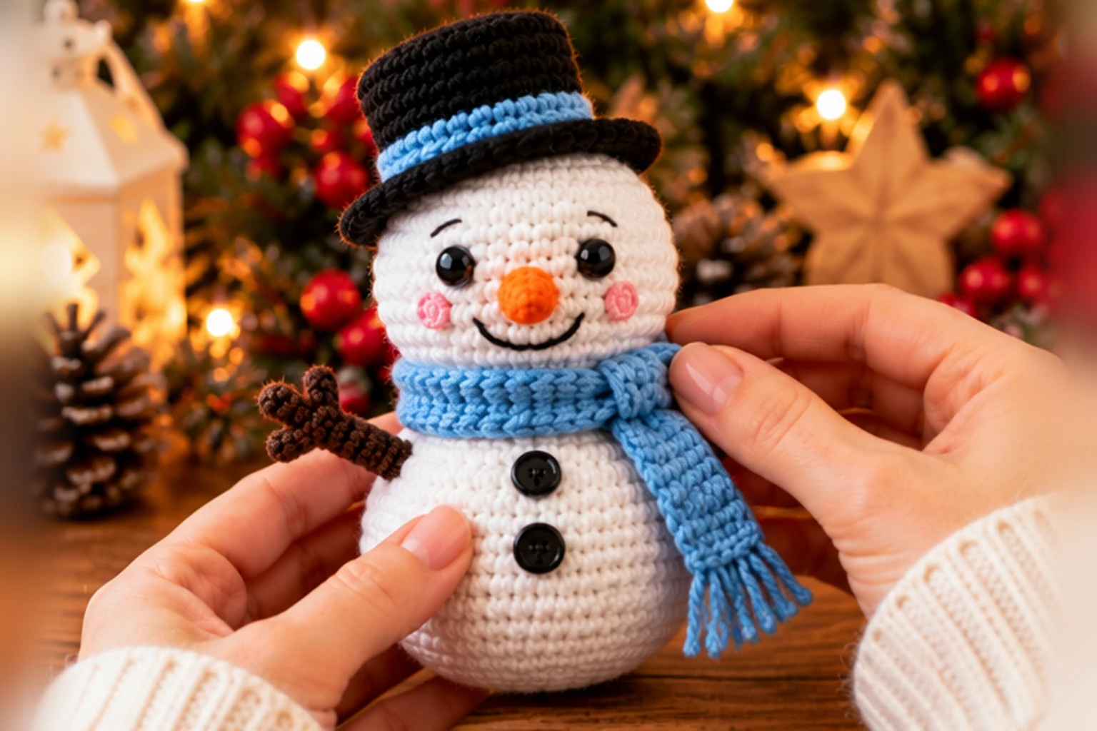 04 schneemann schal muetze 1536x1024 1 Schneemann häkeln: blauen Schal und schwarze Zylindermütze am weißen Amigurumi befestigen