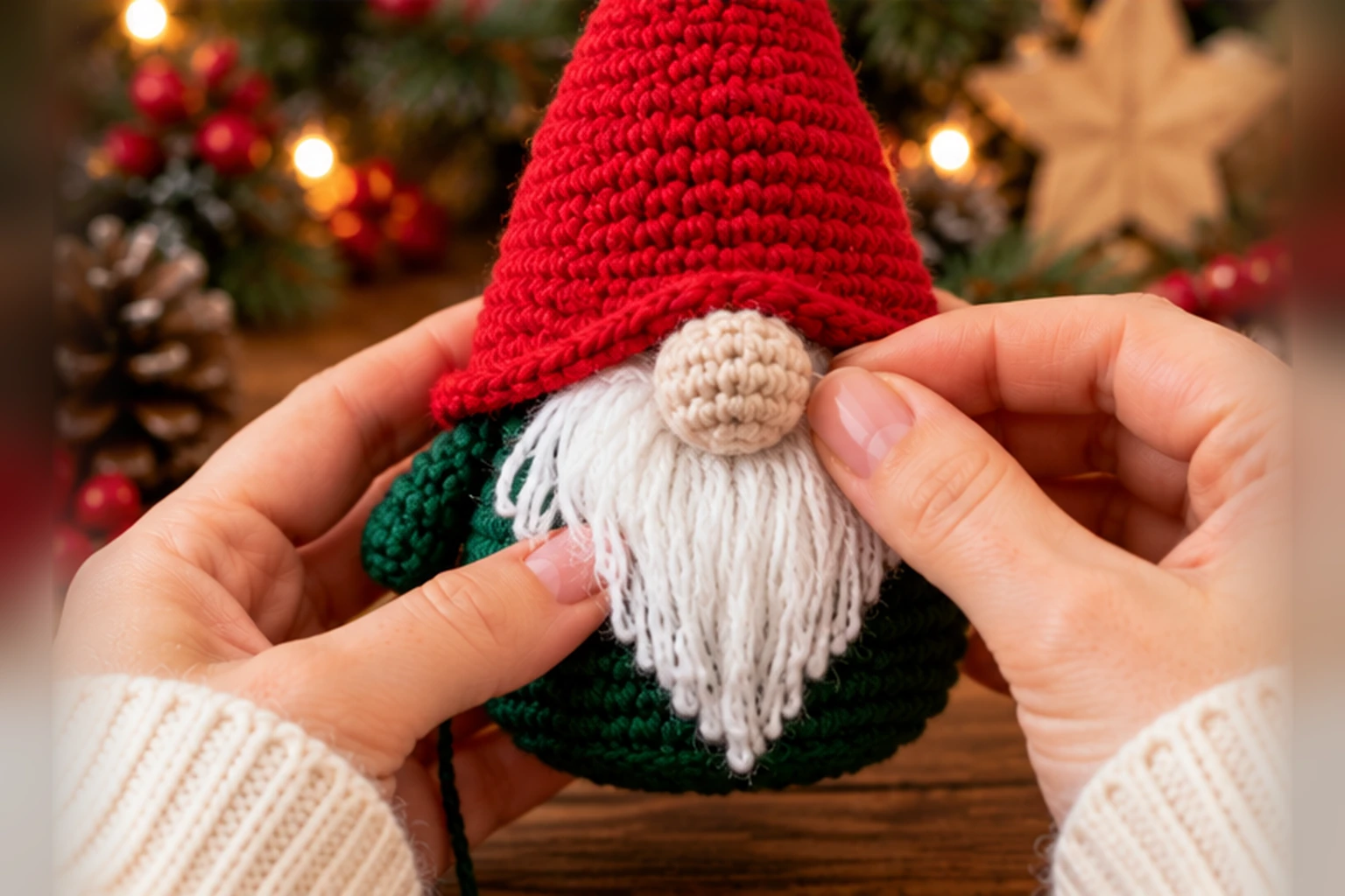 Weihnachtswichtel aus Häkelgarn mit weißem Bart und kleiner beigefarbener Nase gestalten