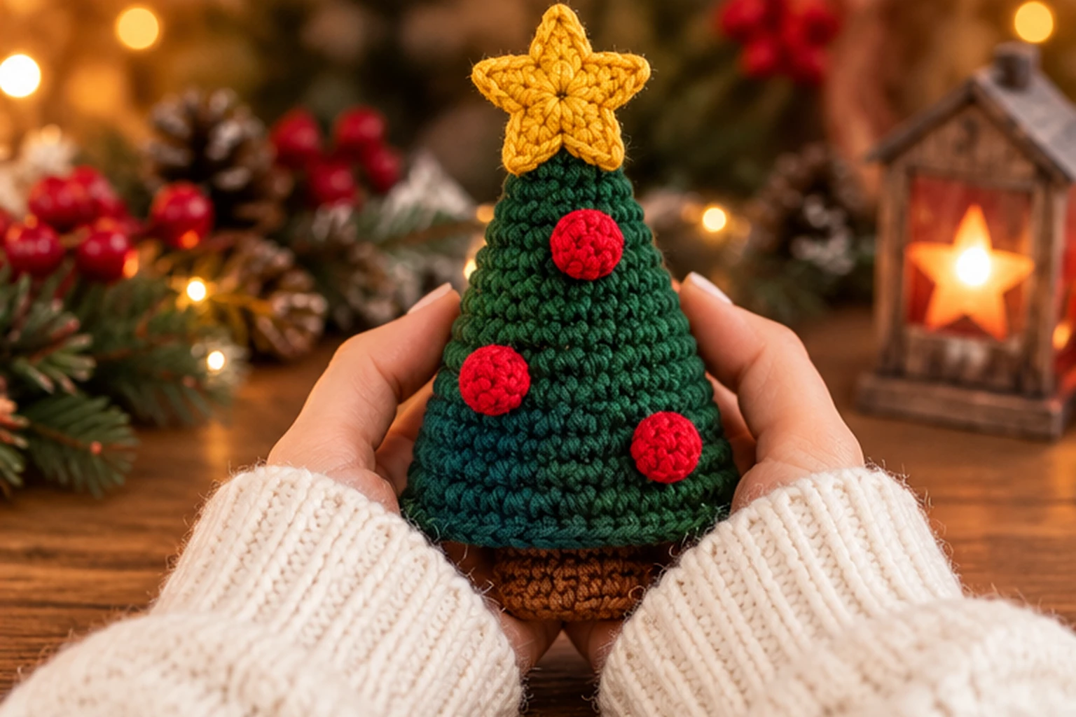 Fertiger Mini Weihnachtsbaum gehäkelt mit goldenem Stern drei roten Kugeln und braunem Stamm