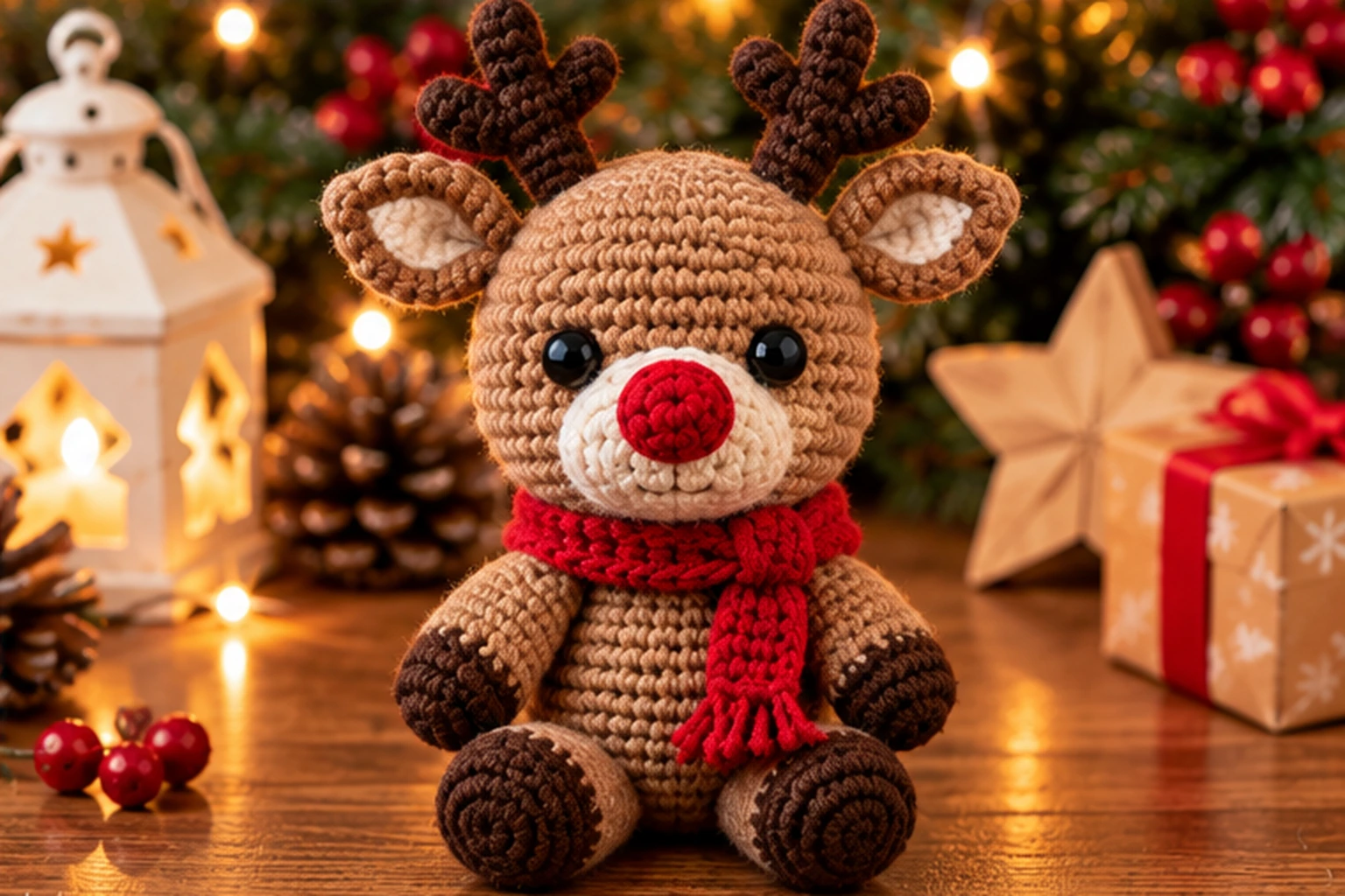 Fertiges Rudolf Rentier Amigurumi mit roter Nase braunem Geweih und rotem Schal als Weihnachtsdeko
