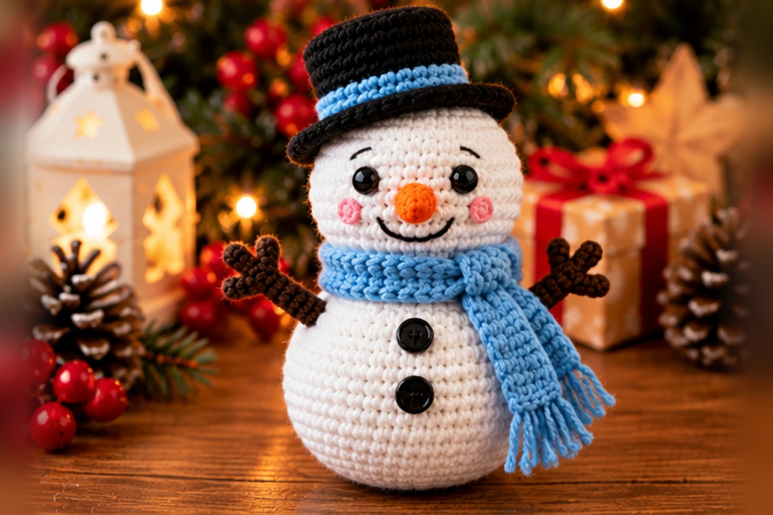05 schneemann fertig 1536x1024 1 Fertiger gehäkelter Schneemann als Weihnachtsdeko mit orangener Karottennase, blauem Schal und schwarzer Zylindermütze