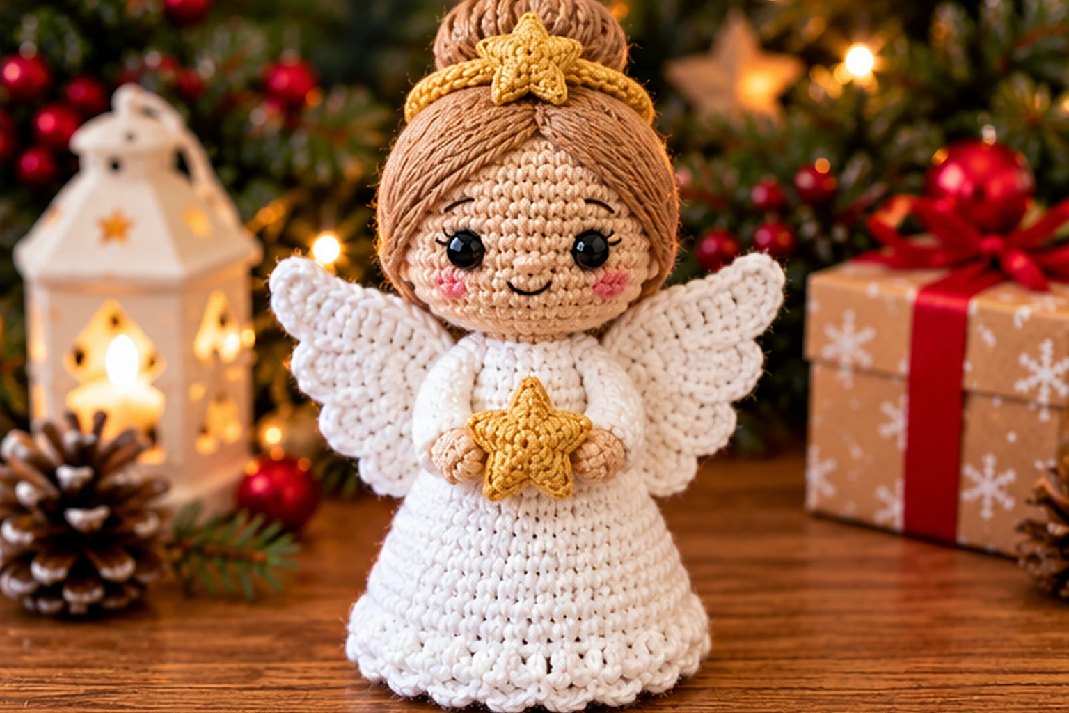 05 weihnachtsengel fertig 1536x1024 1 Fertiger Weihnachtsengel Amigurumi mit weißem Kleid, Flügeln, beigem Kopf und goldenem Stern