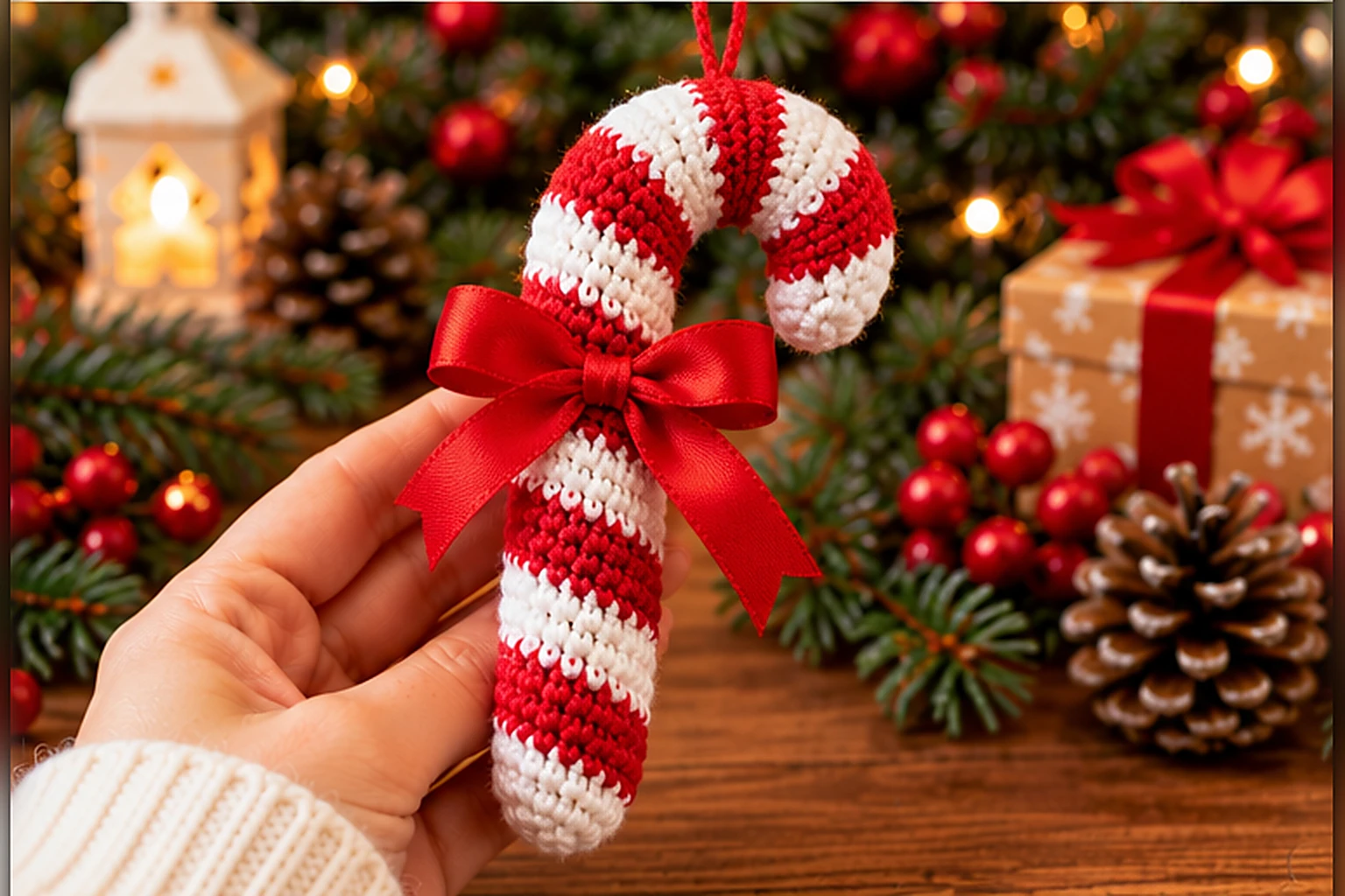 05 zuckerstange fertig 1536x1024 1 Fertige rot-weiß gehäkelte Zuckerstange mit roter Schleife als Weihnachtsbaumschmuck